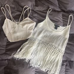 tan beige crochet fringe crop top shirt 