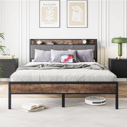 Queen Platform Metal Bed Frame with Storage Headboard