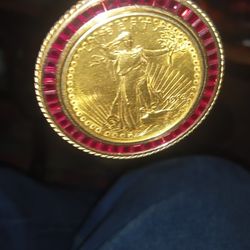 1913. $20 Gold Eagle.14k Ruby Pendant  .
