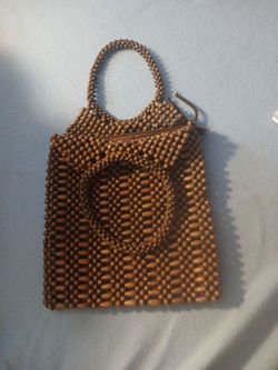 Brown Wooden Beaded Tote Handbag