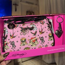 Pink Ed Hardy Convertible Wristlet & Keychain Set 