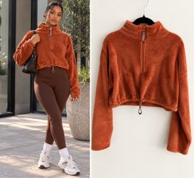 Urban Outfitters Angela Cropped Fleece Quarter Zip Orange Spice