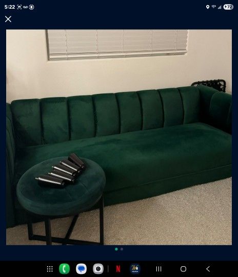 Green Velvet Couch and Stool/End Table