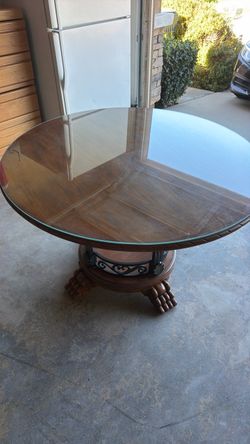 Round Wood Dining Table with Glass Top