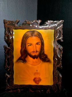 Vintage Jesus Christ Religious Large Laquered Burl Type Wooden Frame Wall Art 20"×16"
