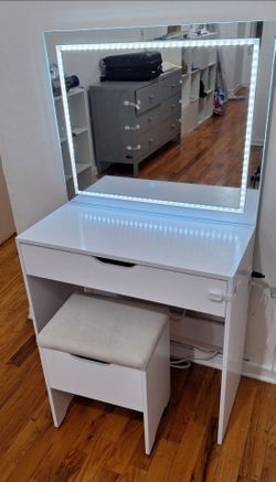 White Vanity Desk with LED Mirror and Stool
