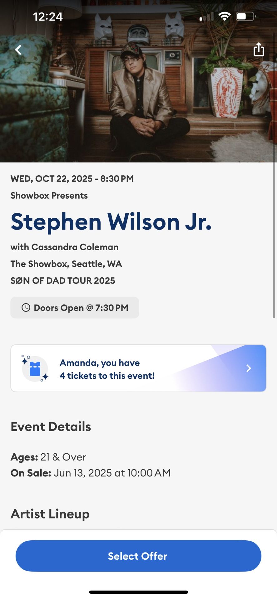 2 tickets to Stephen wWilson Jr. Tonight in Seattle