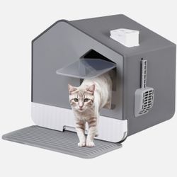 Extra Large Cat Litter Box with Slide-Out Bottom Tray, Mat and Litter Scoop Grey