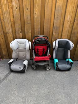 Two Evenflo Booster Car Seats and Baby Stroller