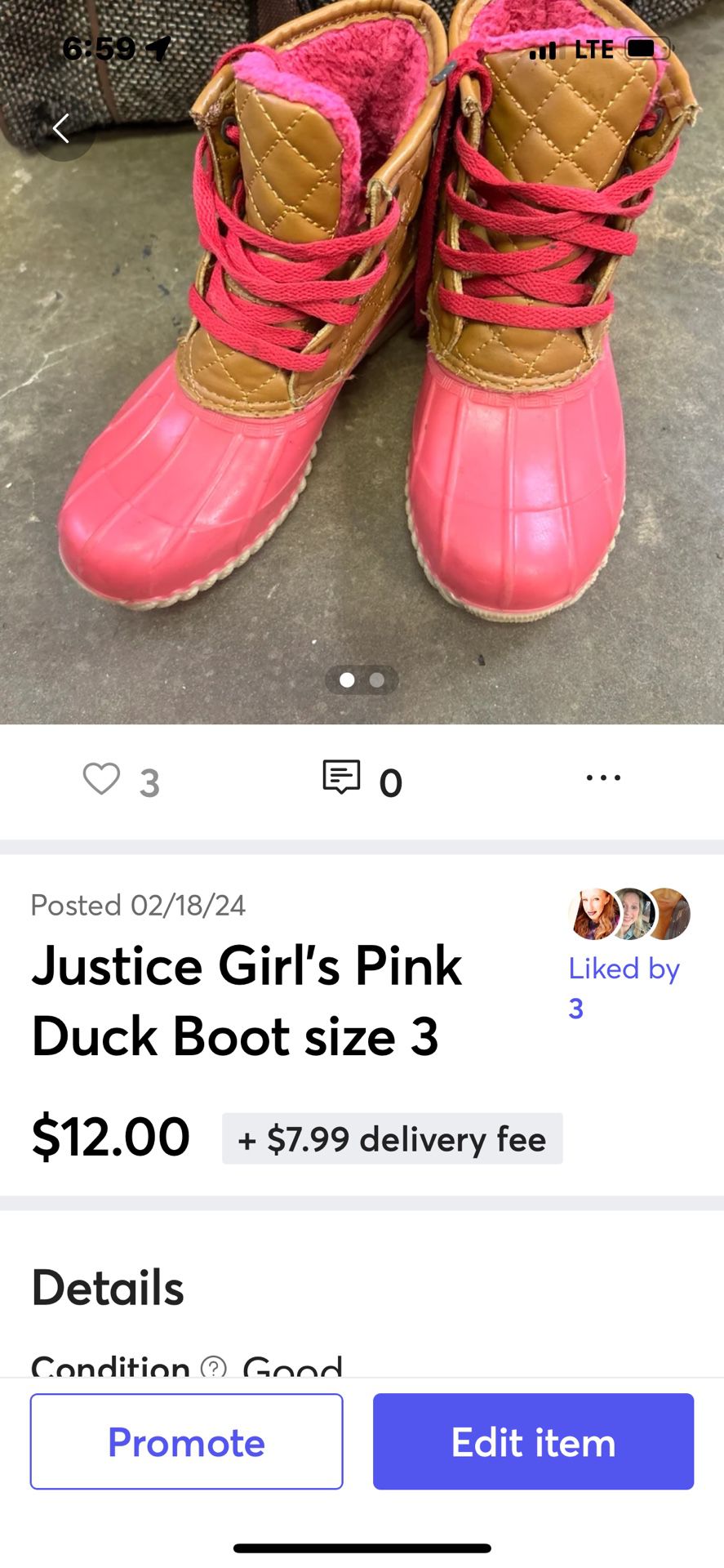 Justice Girl's Pink Duck Boot size 3