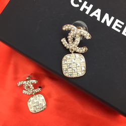 Chanel earrings authentic new square rose gold rhinestone pearl
