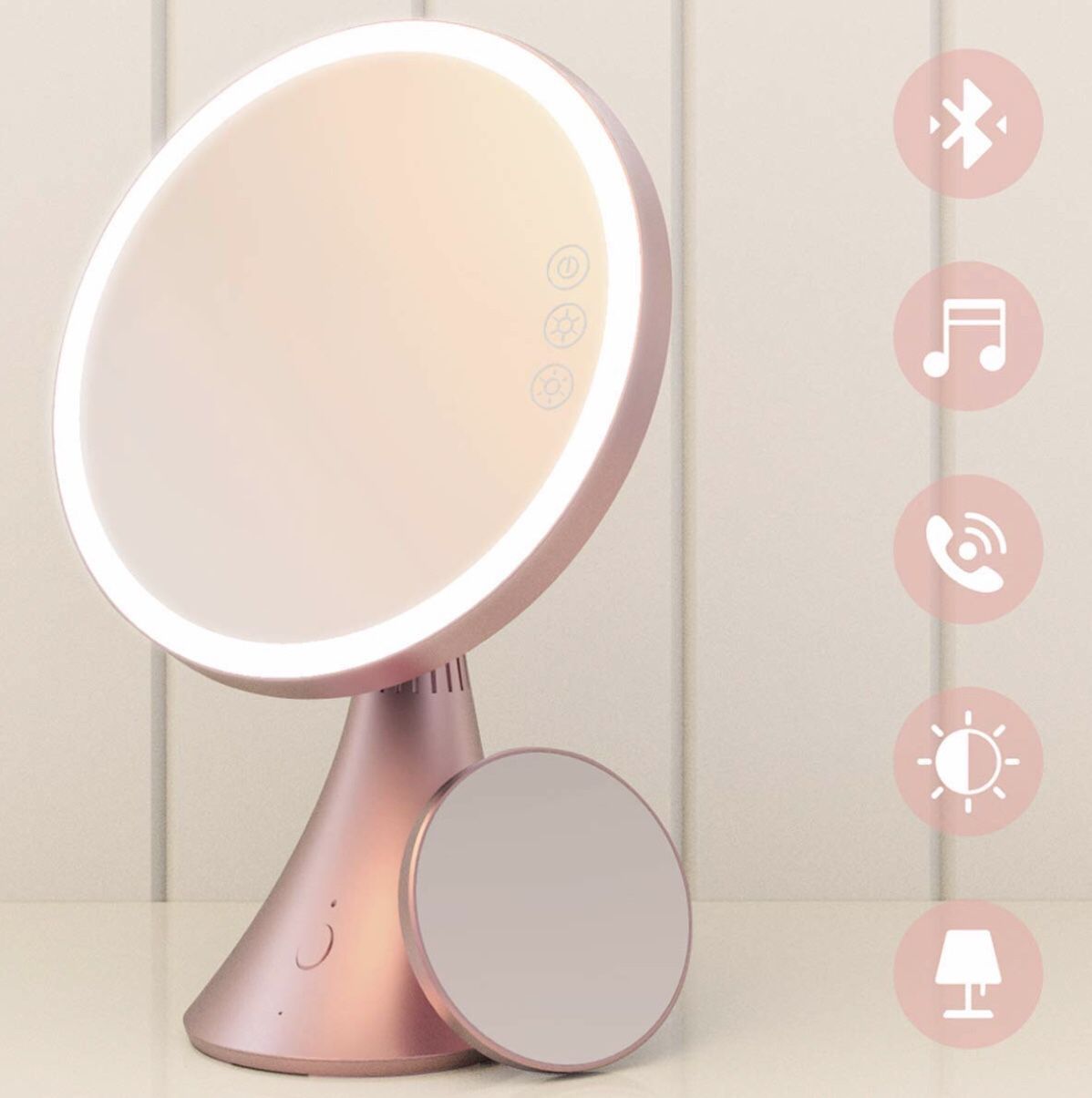 Brand new Lighted Vanity Mirror, 9 Inch Led Makeup Mirror with 5X Magnification, Adjustable Color Temperature & Brightness, Bluetooth Speakerphone Al