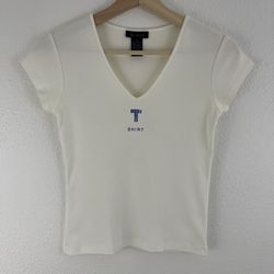THE LIMITED Vintage Y2K White Blue Rhinetone T Shirt V Neck Short Sleeve Tee