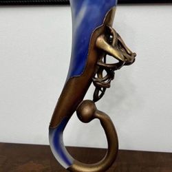 RARE Vintage Romanian Blue Satin Art Glass Horn-Shaped Vase With Satin Base & Abstract Bronze Overlay In The Style Of Vasile Tubi Vadan, 16.5" H Stunn