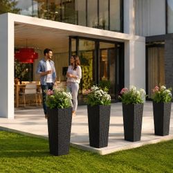 Costway Rattan Tall Planter Set of 2 Outdoor Large Tapered Planters with Removable Inner Trays, Black (NP12483BK)