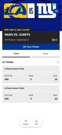 2x LA Rams vs Giants Tickets Sep 21 2026