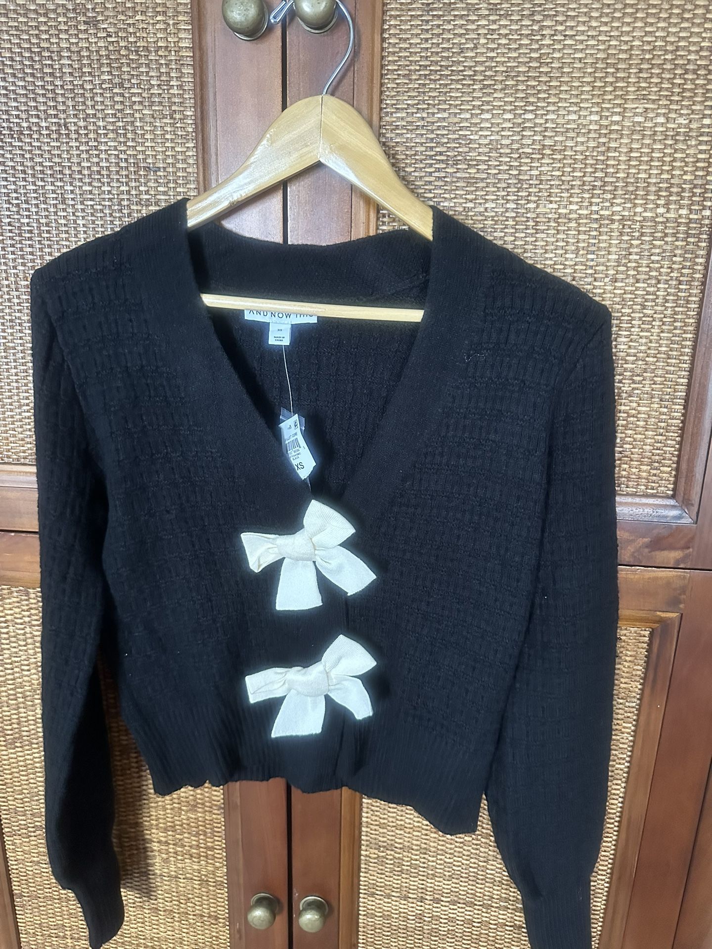 NWT! ‘And now this’ XS Chic Black Sweater, Cardigan top with Faux Cream Bows