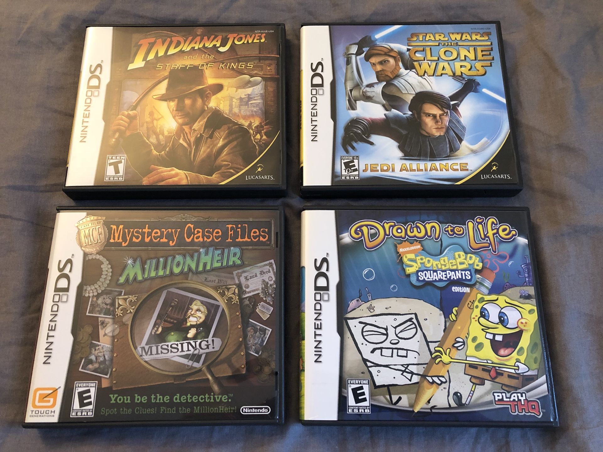 Nintendo DS Game Bundle (Drawn to Life Spongebob, Star Wars, Indiana Jones, Mystery Case Files)