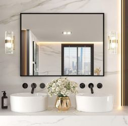 LOAAO 48"X36" Black Rectangle Bathroom Mirror Wall, Matte Black Aluminum Alloy Frame, Tempered Glass, Hangs Vertically or Horizontally, Easy to Instal