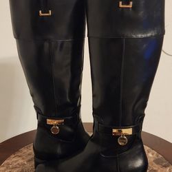 GUESS Black And Gold Over The Knee Boots With Gold Hardware 