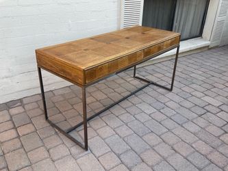 Mid Century Modern Milo Baughman Style Two Drawer Wood Desk on Metal Frame