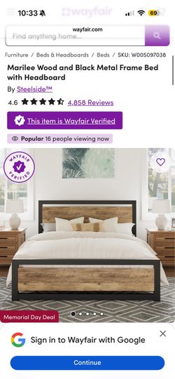 QUEEN Wood & Black Metal Frame & Headboard