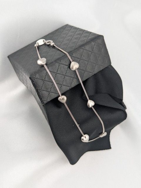 14K White Gold Puffed Heart Anklet Signed AURAFIN 9"