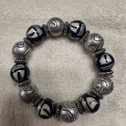 Blue and Silver Boat Themed Beaded Stretch Bracelet, Sailboat Bracelet