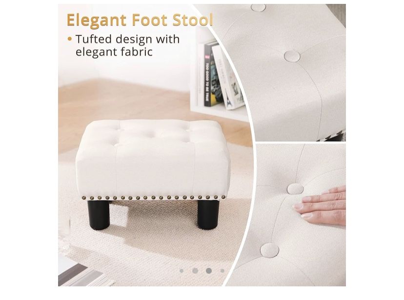 LUE BONA Small Ottoman stool, beige riveted fabric footrest with plastic legs, 9 inches high, rectangular stools for adults with non-slip pads