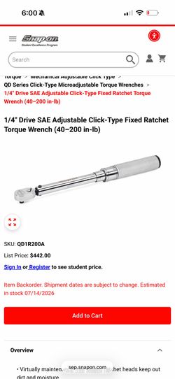 1/4" Drive SAE Adjustable Click-Type Fixed Ratchet Torque Wrench (40–200 in-lb)