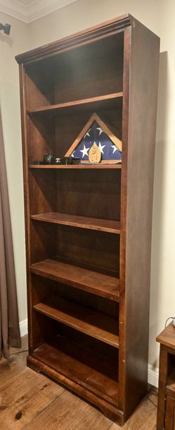 Two Tall Real wood Matching Bookcases And Console