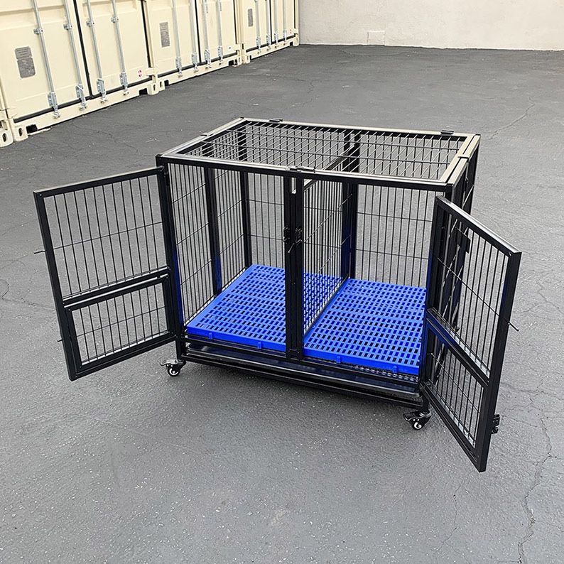 New in box $160 Folding Dog Cage 37x25x33” Heavy Duty Double-Door Kennel w/ Divider, Plastic Tray