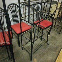 Nice Square Glass Table With 4 Black Iron W Red Seats Chairs