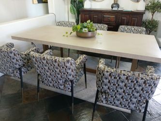 6 NEW DINING CHAIRS , MODER  ACCENT UNIQUE ARM CHAIRS ( $2400 NEW) CUSTOM DINING CHAIRS ONLY $950 (NOT SELLING DINING TABLE)