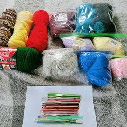Assorted Knitting/ Arts & Crafts Yarn Lot With Crochet Hooks