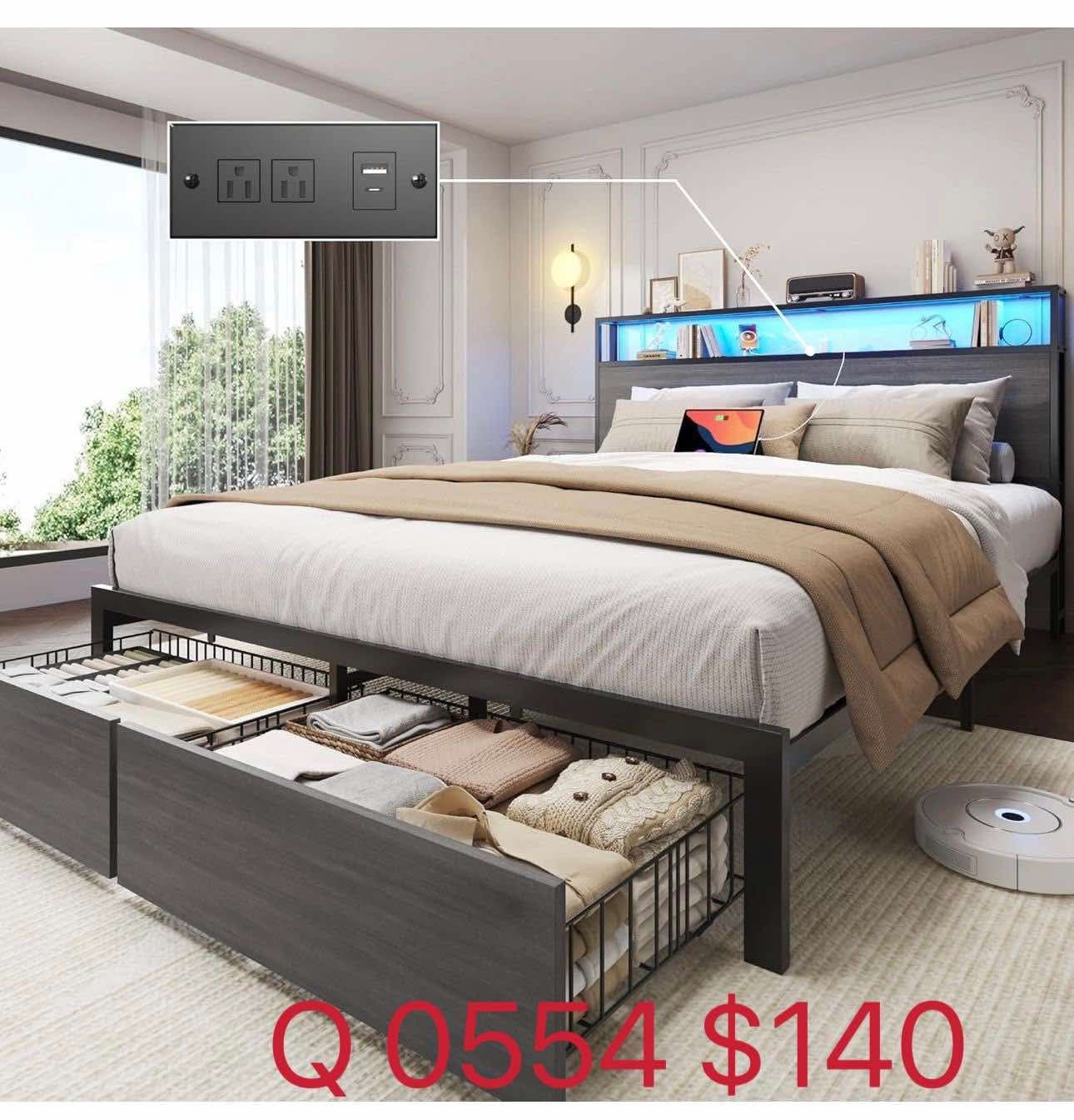 Queen size Bed frame with LED & power outlet gray(0554)