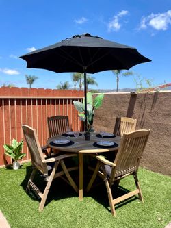 Patio Table Set Teak outdoor dining furniture with umbrella and cushions