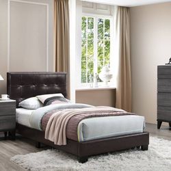 Brand New Brown Twin Faux Leather Bedframe + 8" Thick Twin Mattress + Gray 5-Drawer Chest + Nightstand 