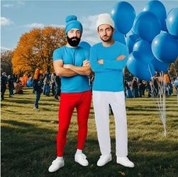 New 3 Pcs Adult Costume 80s 90s TV Show Character Cosplay Blue Outfit Shirt Pants and Hat Mens, Smurf Costume, Medium- Smurfs