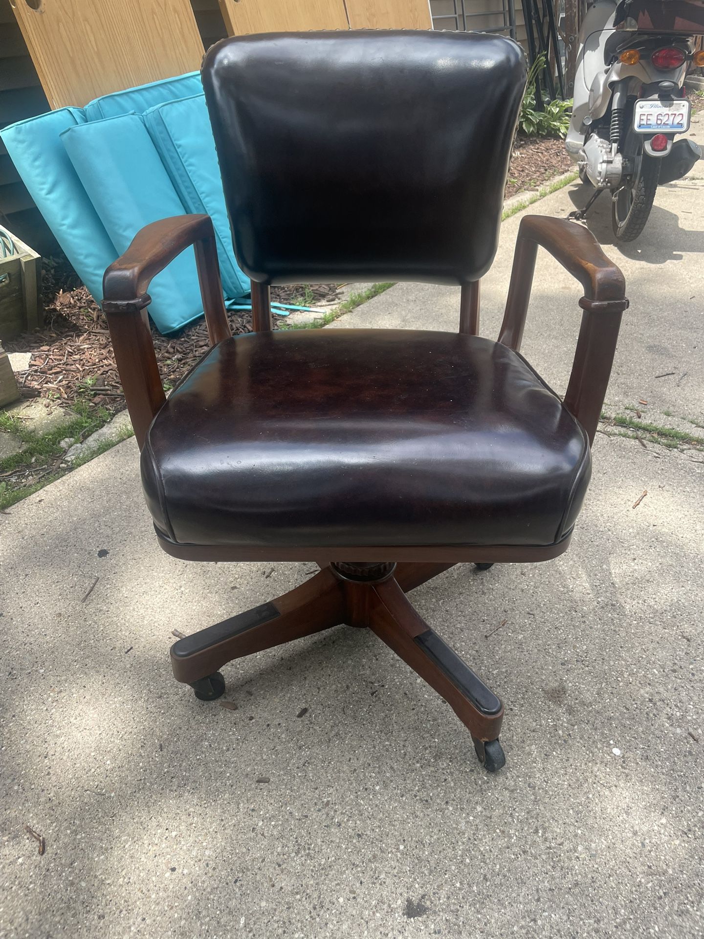 Antique , by SIKES, Wooden and Leather Office Chair, Swivels, on wheels, adjustable, $50