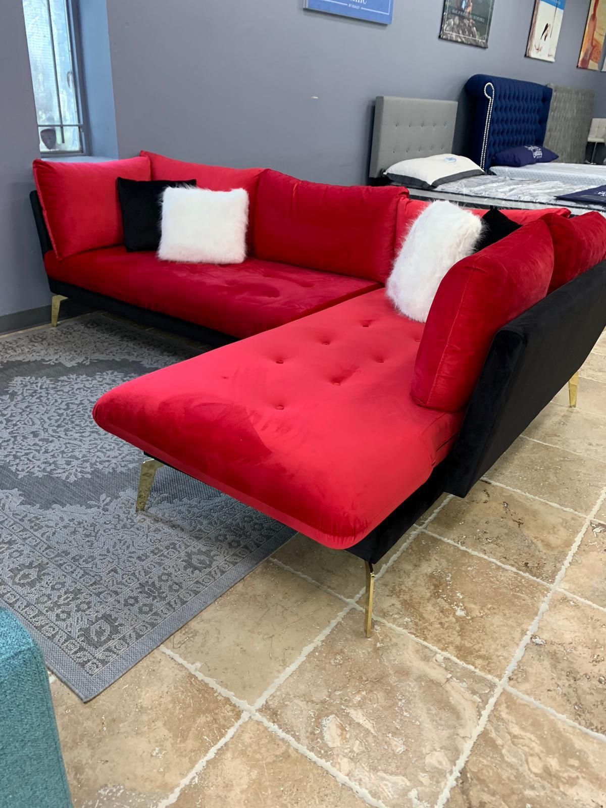 Nessa Velvet Red/Black RAF Sectional /couch /Living room set