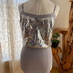 Janette Silver Sequin Spaghetti Strap Dress Small