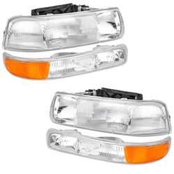 4-Piece Headlight Assembly Chrome Housing Clear Lens For Chevy 00-06 Tahoe Suburban 1500 2500/99-02 Silverado 1500 2500/01-02 Silverado 1500HD 2500HD