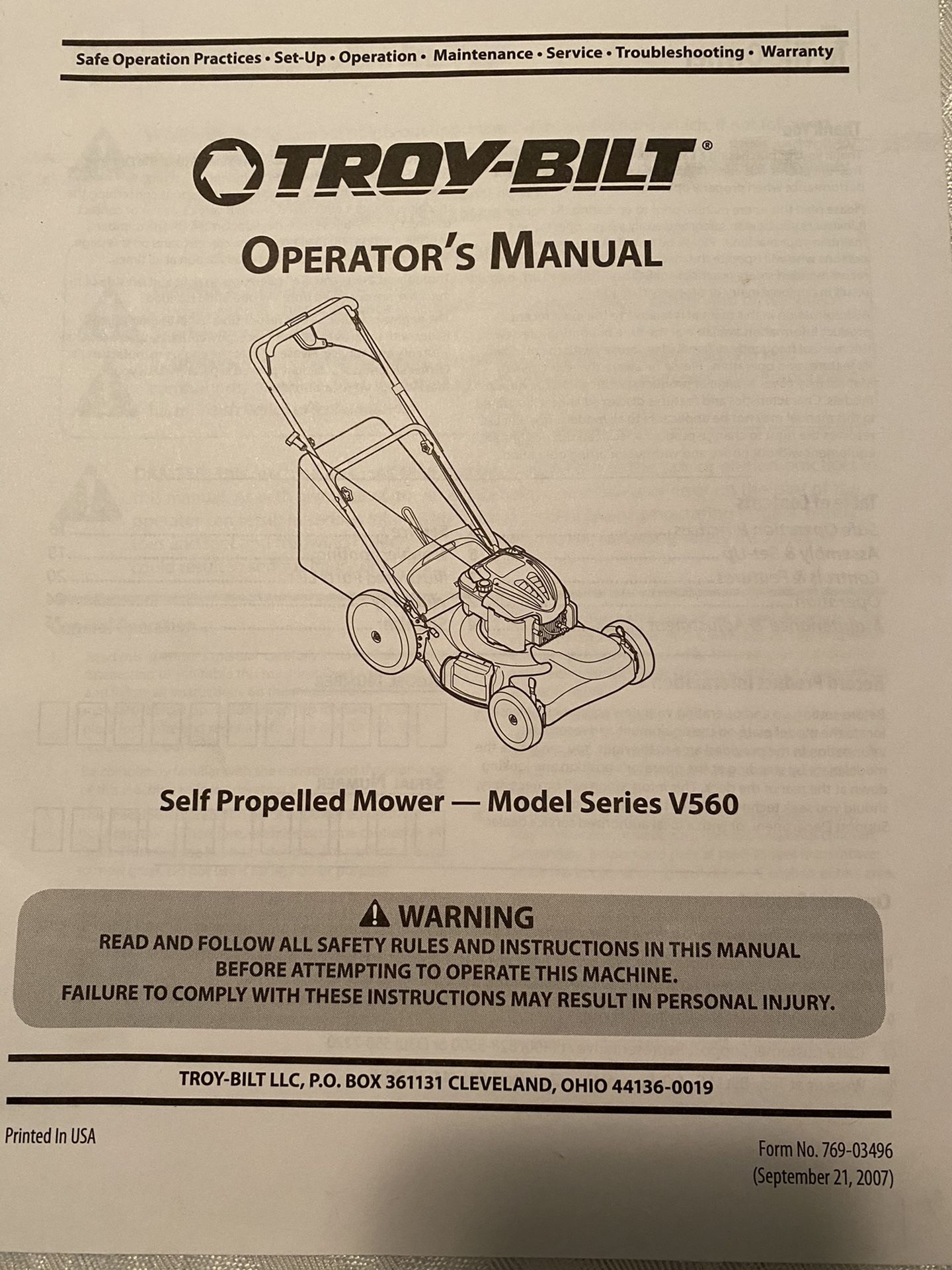 Troy-Bilt Self Propelled Mower Model Series V560 Pre-Owned Owner’s Manual