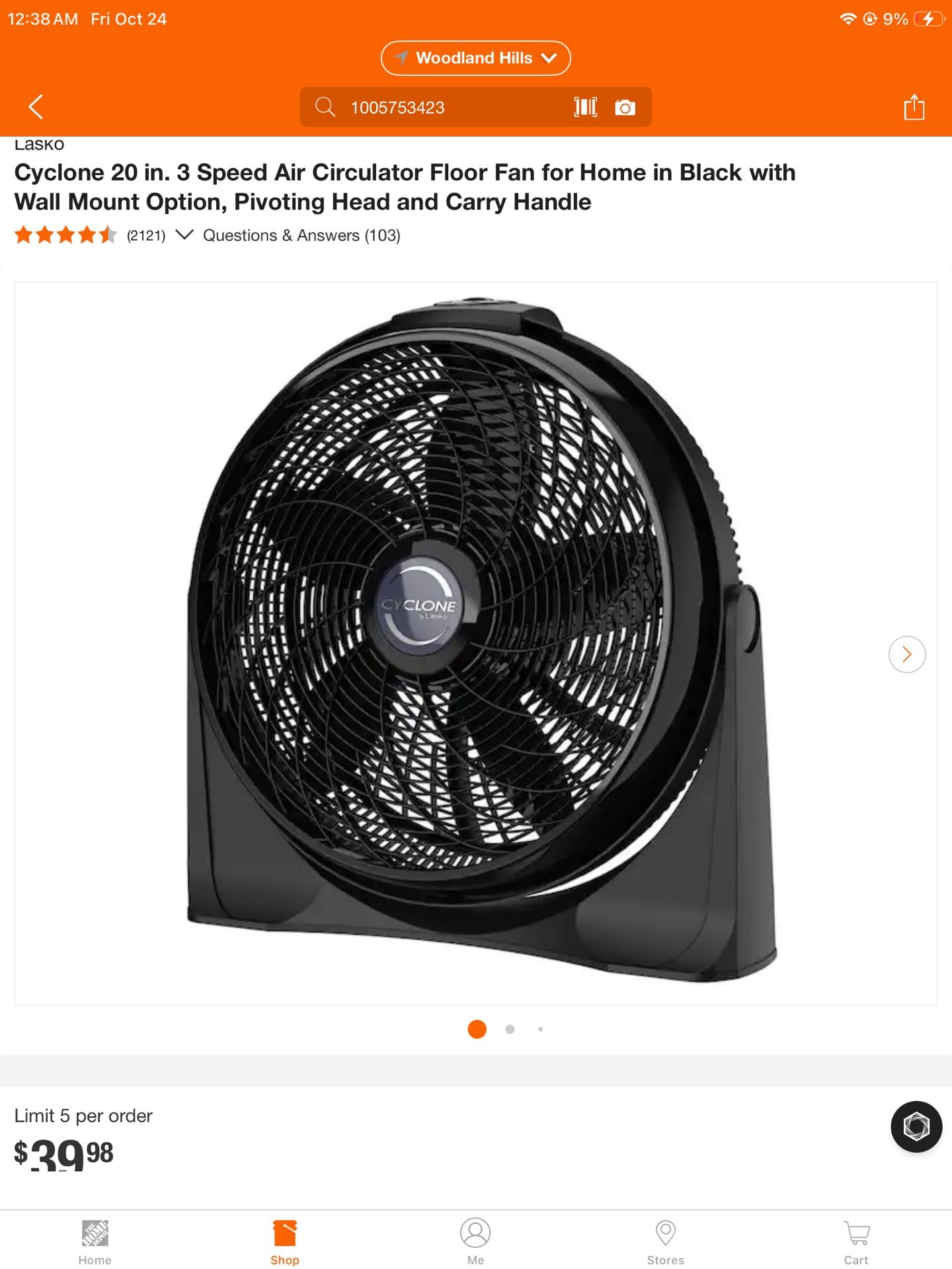 20 in 3 Speed Air Floor Fan for Home in Black with Wall Mount Option, Pivoting Head and Carry Handle
