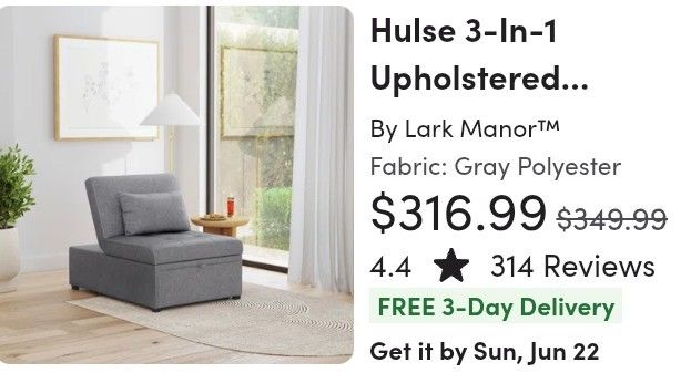 Gray Covertable Chairbed For Small Spaces/Guestroom/Office