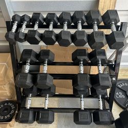 New pair of 5,10,15,20,25,30,45 and 50lb rubber dumbbells + rack NEW IN BOX $475
