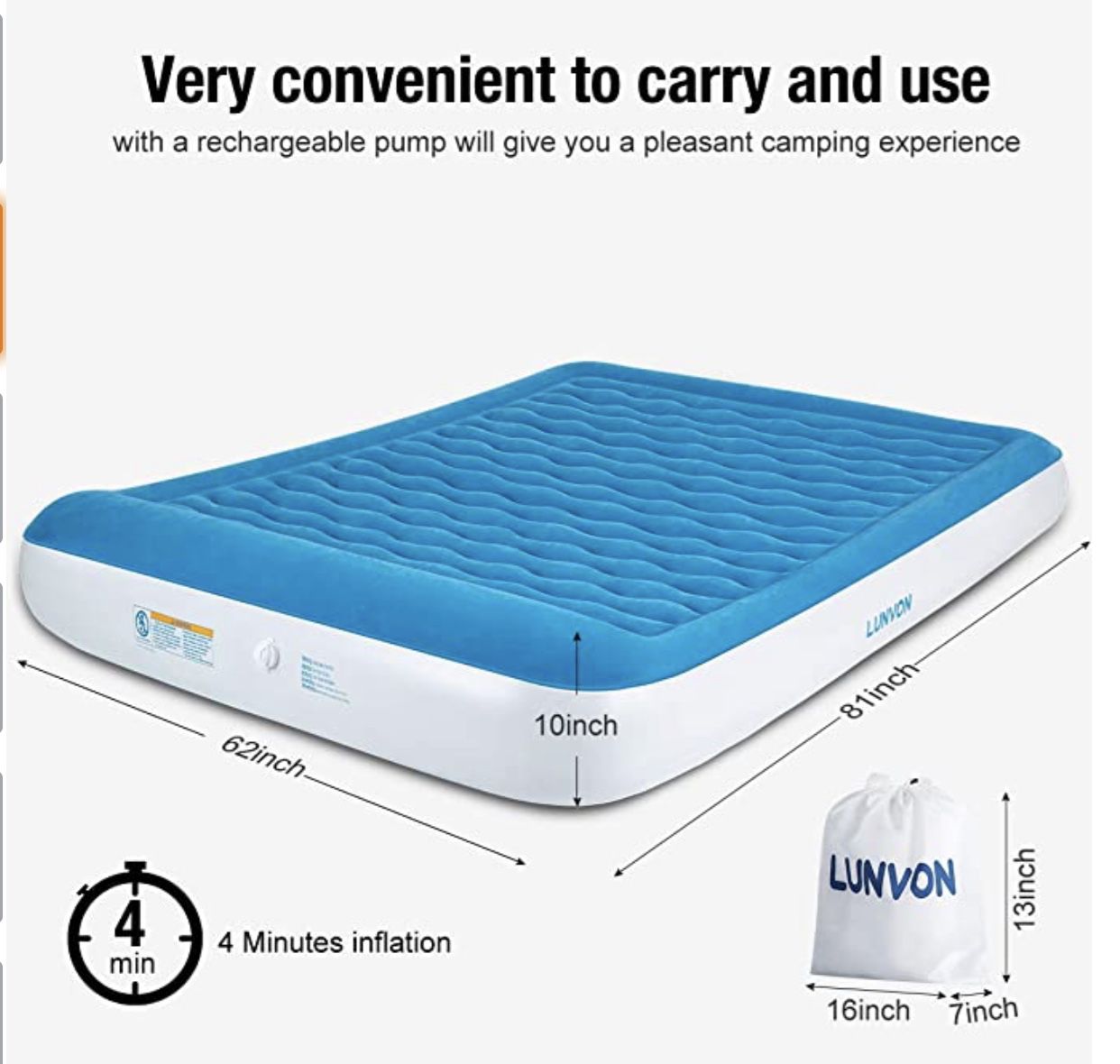 Lunvon Queen Air Mattress for Home and Camping Self Inflatable Pad Blow Up Bed with Built-in Pillow Anti-Leakage Raised Airbed with Rechargeable Pump