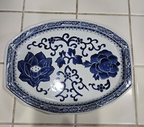 lotus and chrysanthemum blue porcelain platter. 10" x 13"