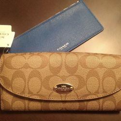 New COACH Signature PVC Slim Envelope Wallet With Pouch Khaki/Teal, Retail :$250.00+Tax 